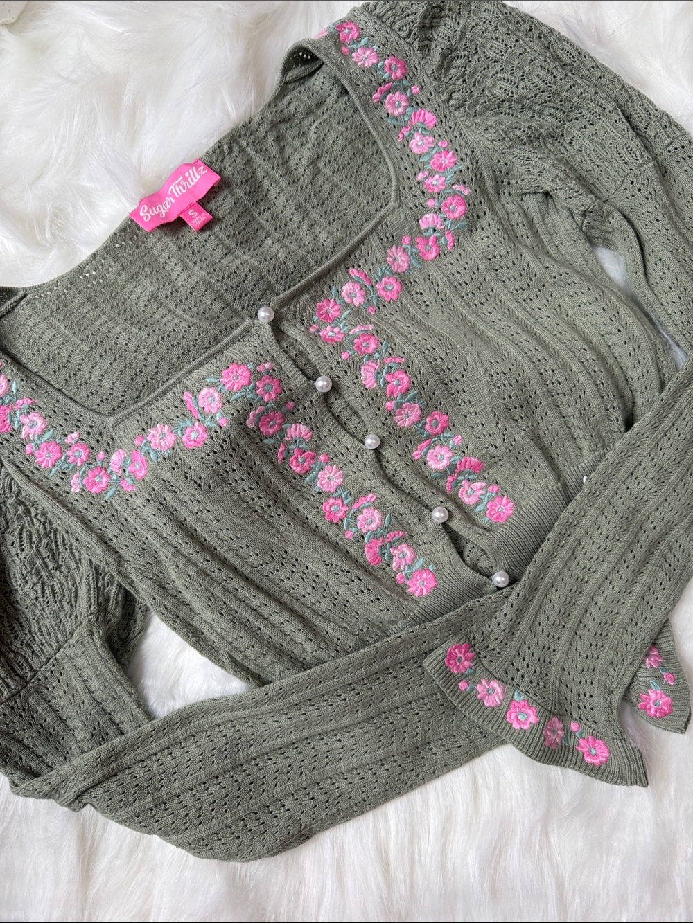 Sugar Thrillz Olive Green Knit Cardigan with Pink Floral Trim